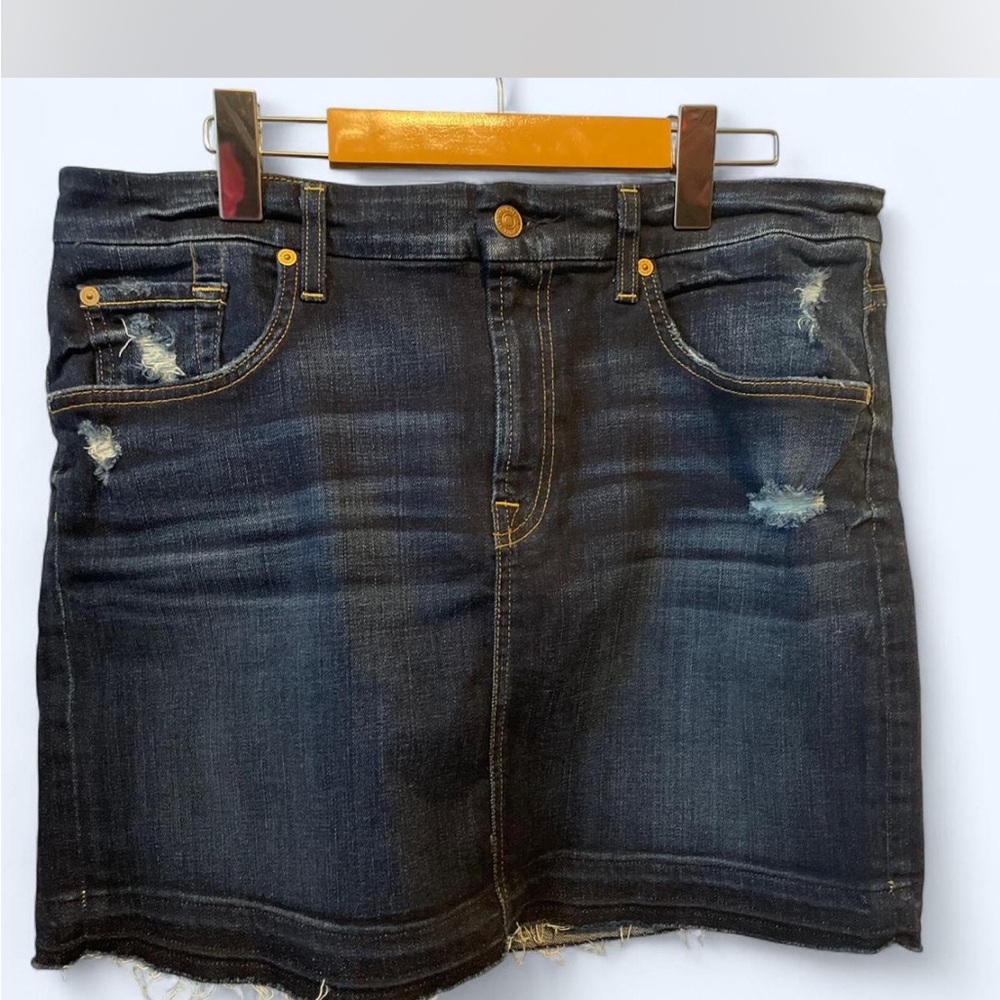 7 for all Mankind Denim Mini Skirt featuring distressed details in size 32